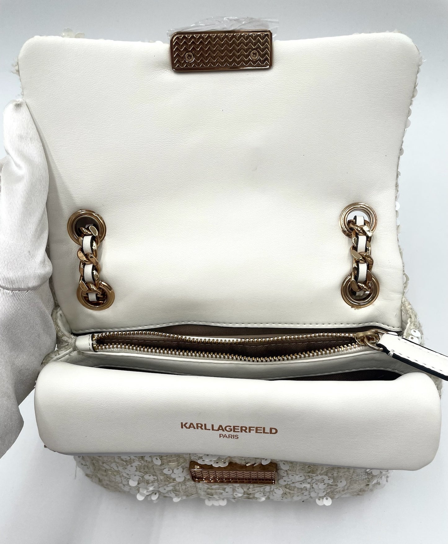 Brand New Karl Lagerfeld Lafayette Cream Sequin Chain Bag