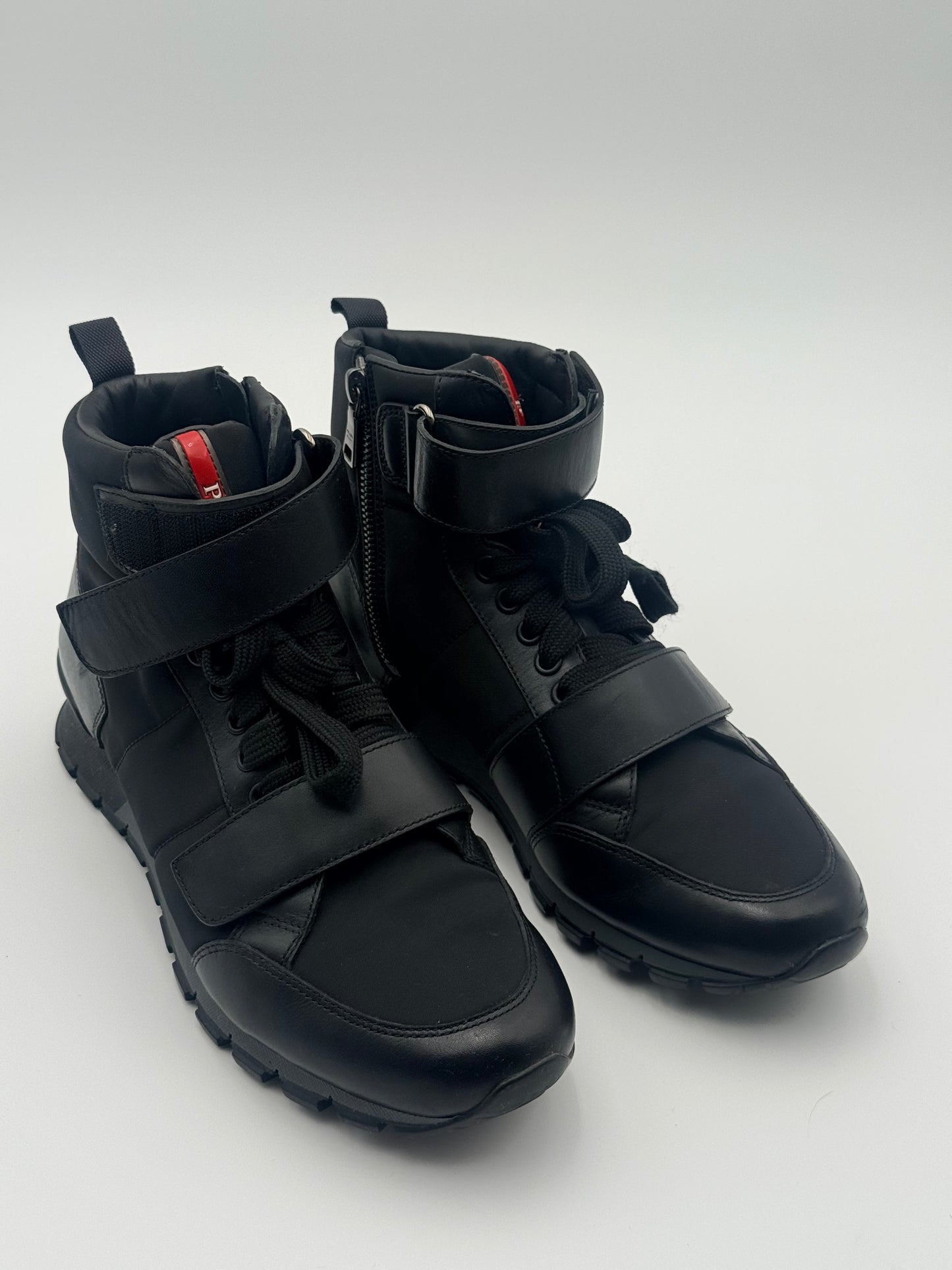 Prada Unisex Black Leather & Nylon Unisex Ankle Boots Size 6 M 8 Women