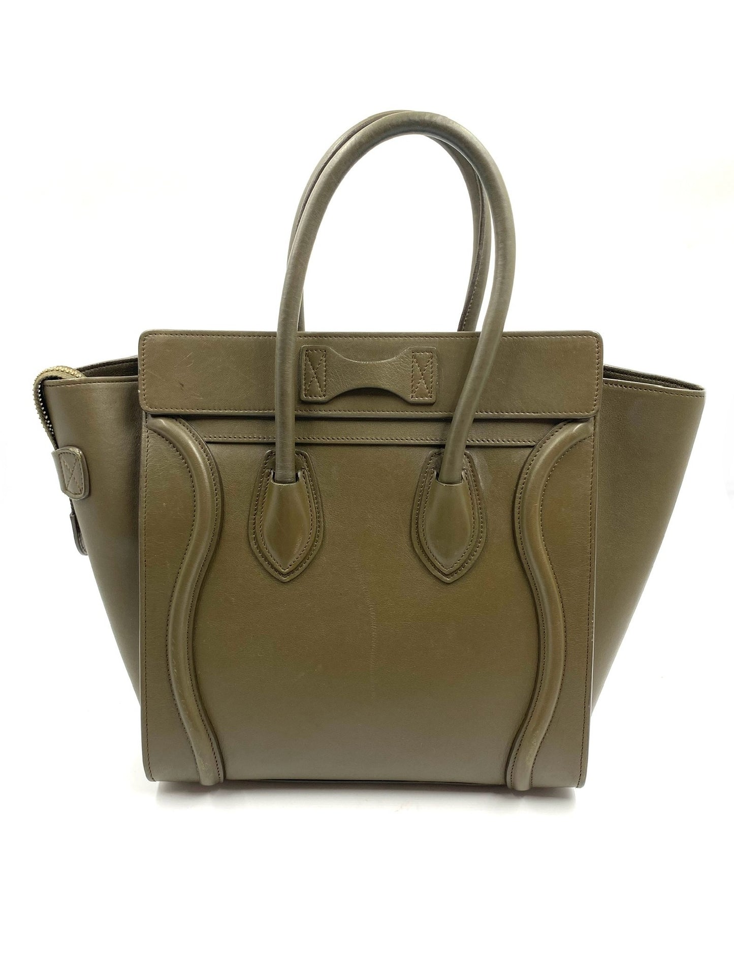 Celine Olive Calfskin Micro Luggage Tote with dual handles, front zip pocket, and gold-tone hardware.