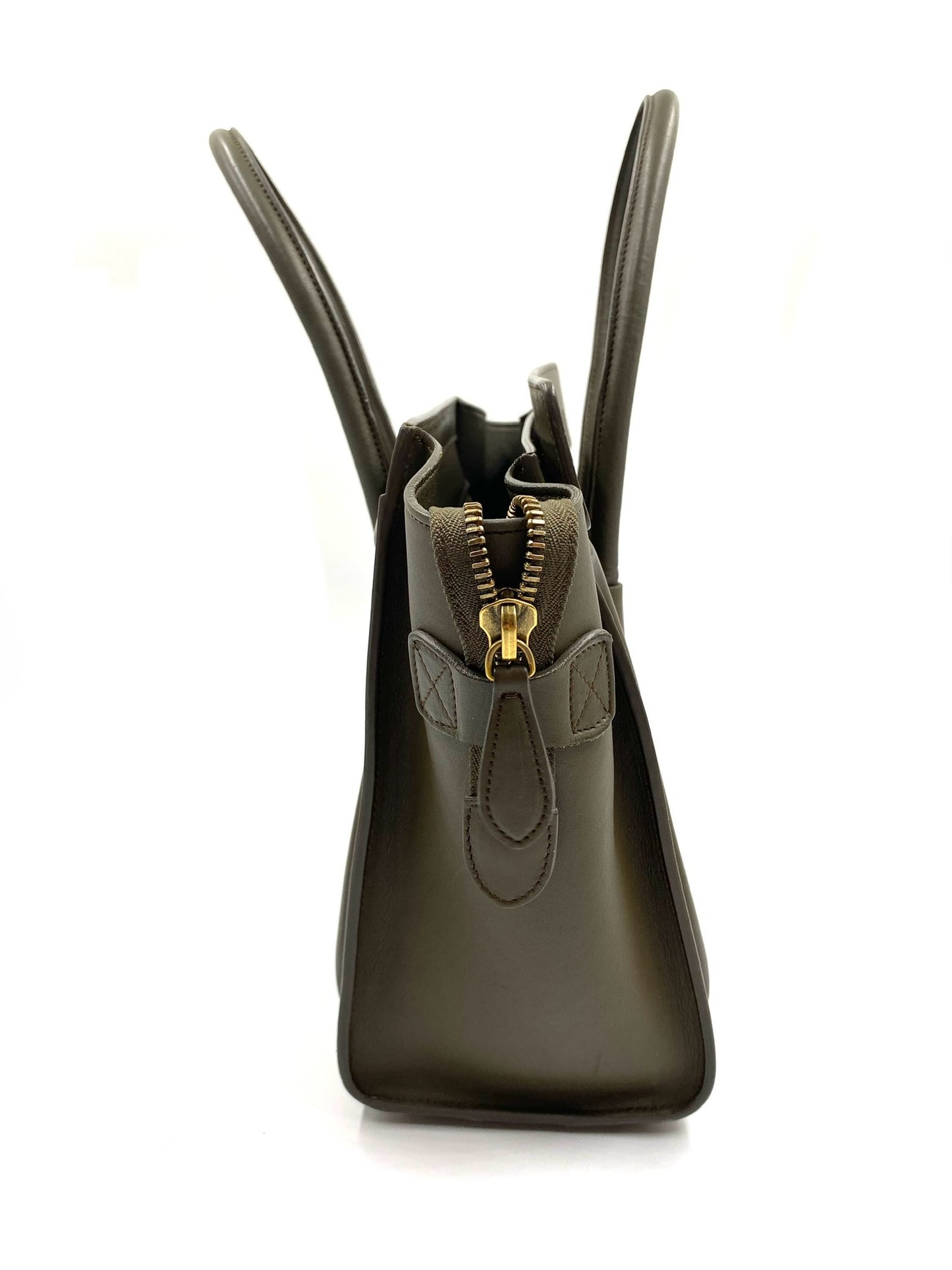 Celine Olive Calfskin Micro Luggage Tote with gold-tone hardware, front zip pocket, and dual rolled handles.