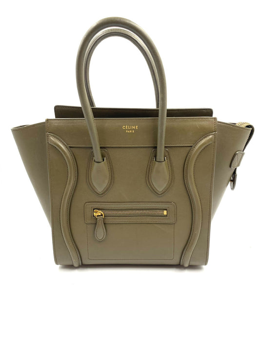 Celine Olive Calfskin Micro Luggage Tote with dual handles, front zip pocket, and gold-tone hardware.