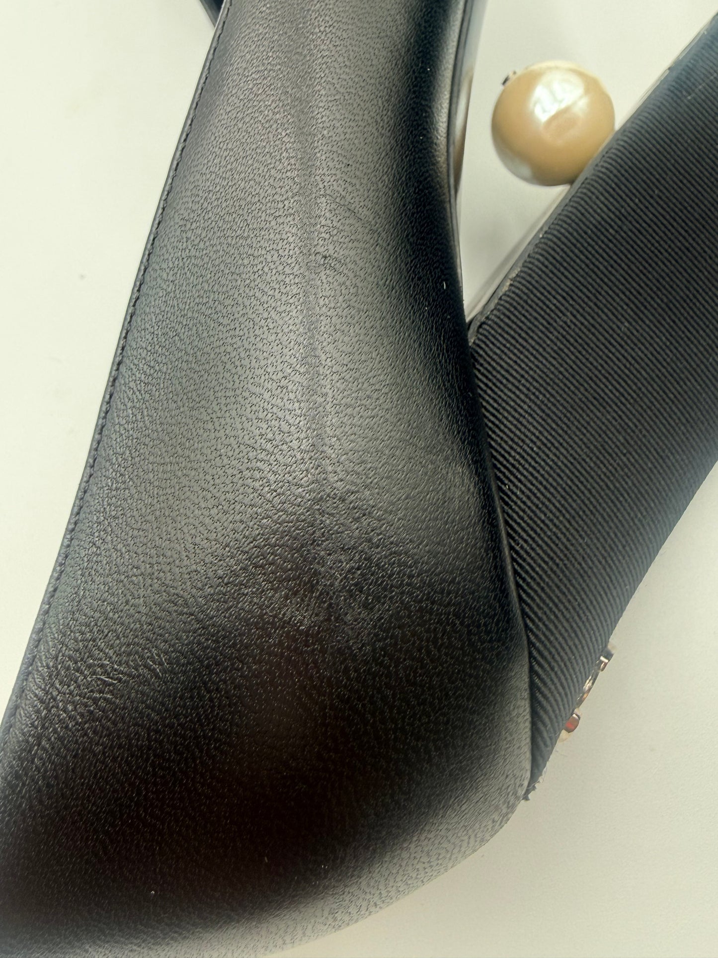 Chanel Pearl Peep-Toe Black Leather Pump Size 38