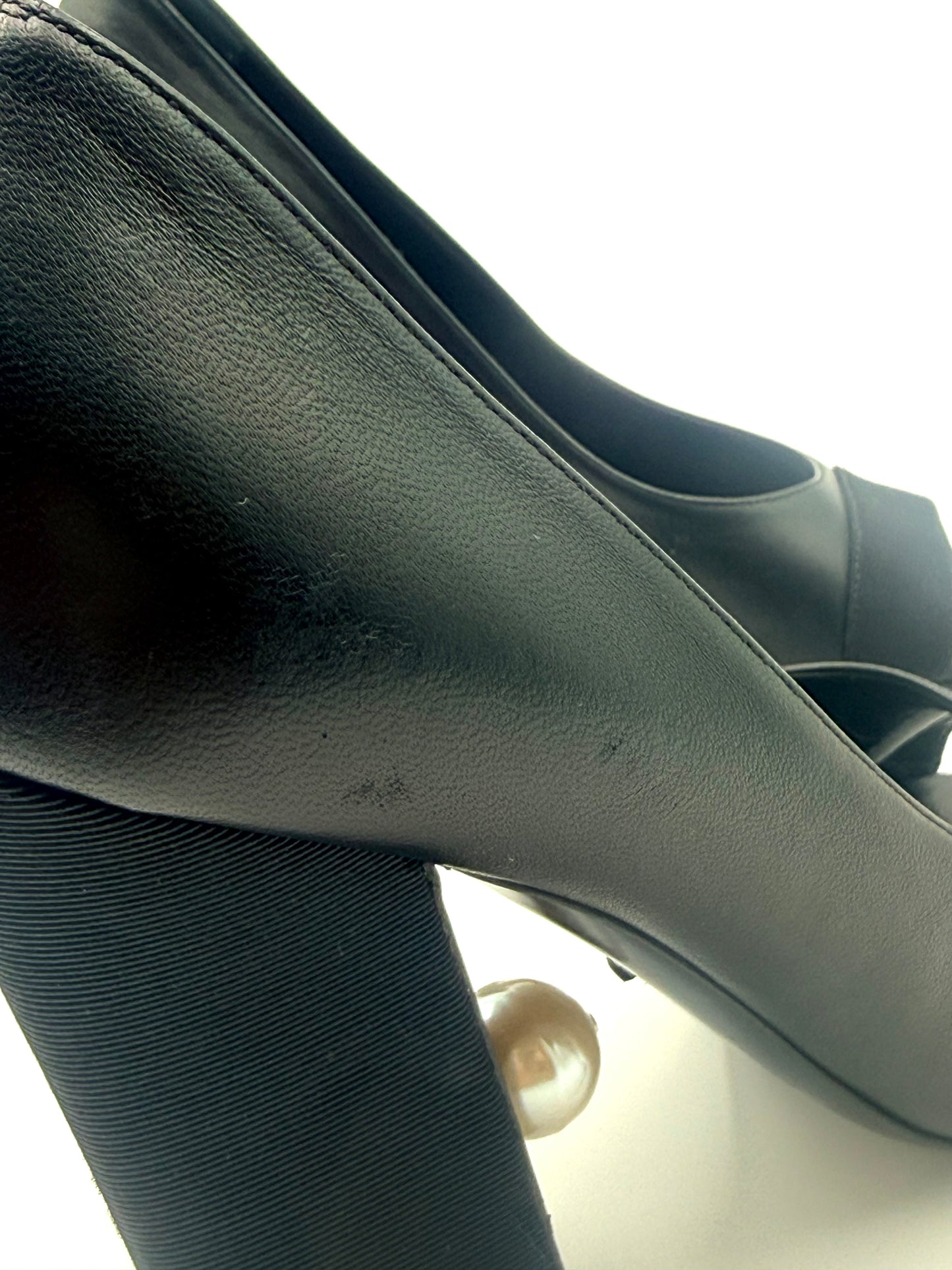 Chanel Pearl Peep-Toe Black Leather Pump Size 38