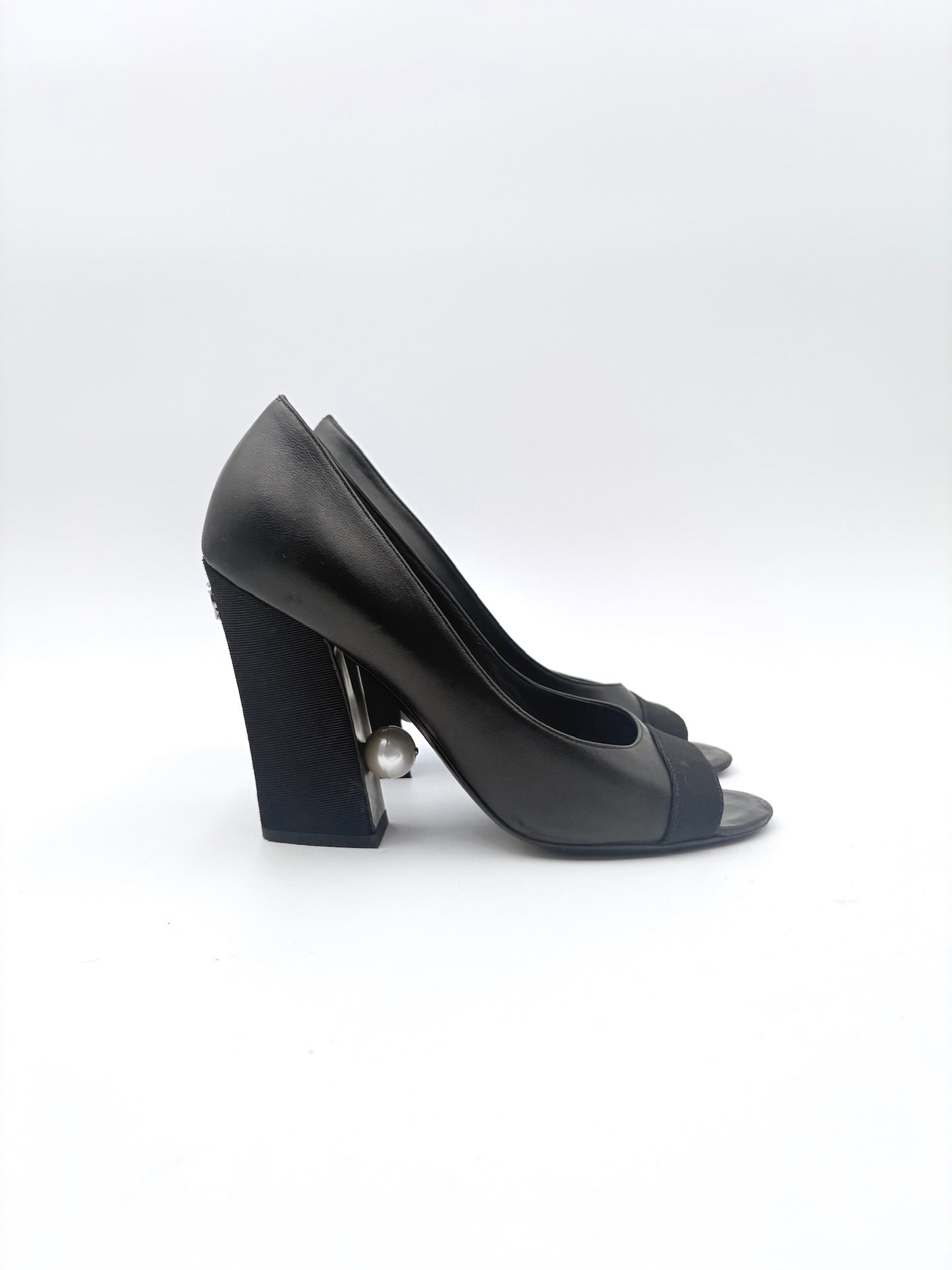 Chanel Pearl Peep-Toe Black Leather Pump Size 38
