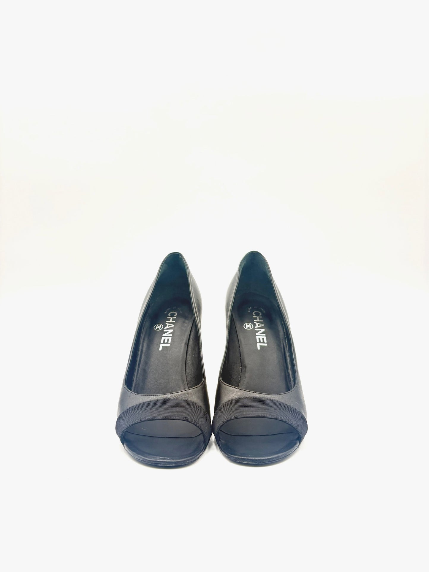 Chanel Pearl Peep-Toe Black Leather Pump Size 38