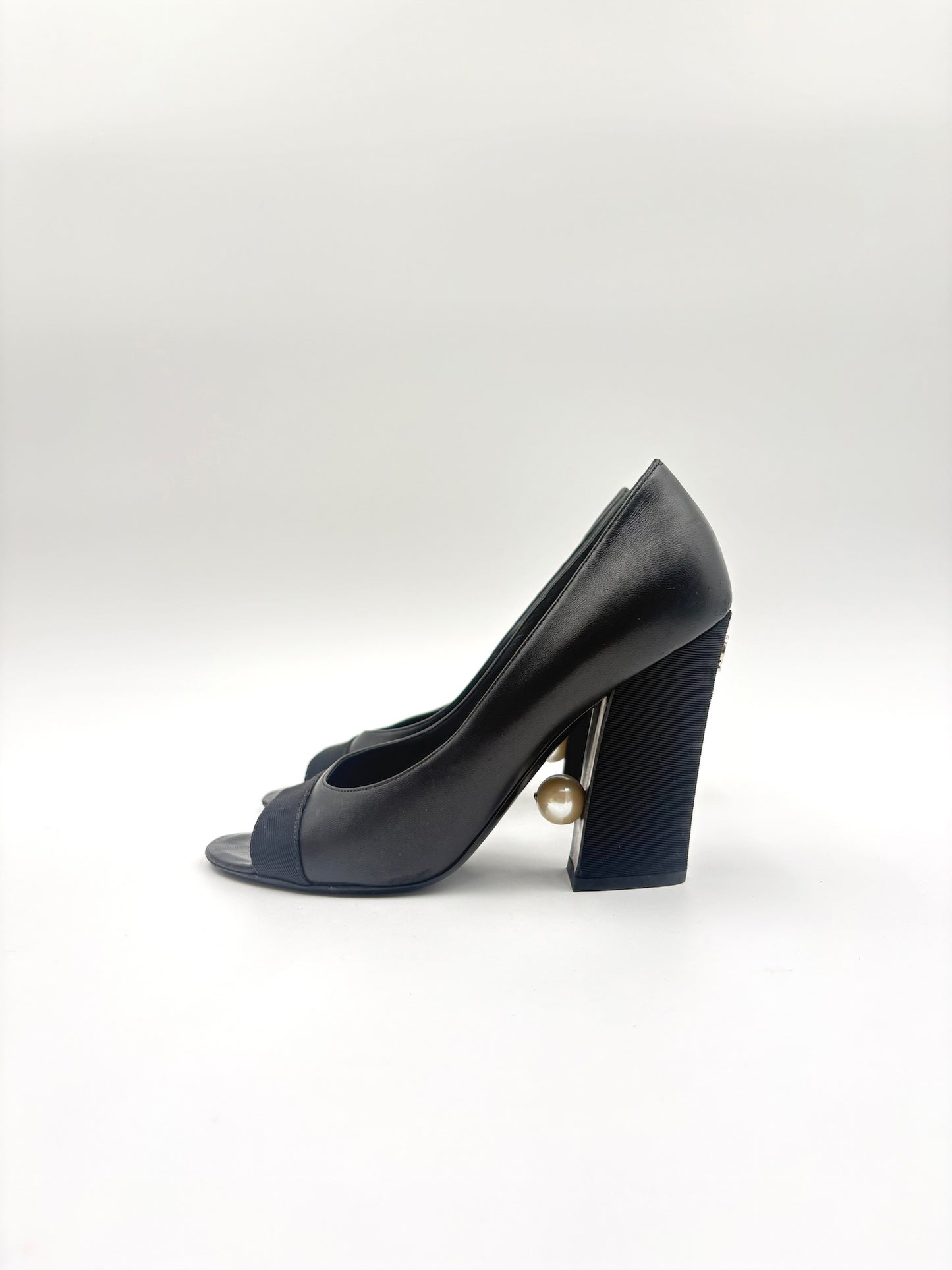 Chanel Pearl Peep-Toe Black Leather Pump Size 38