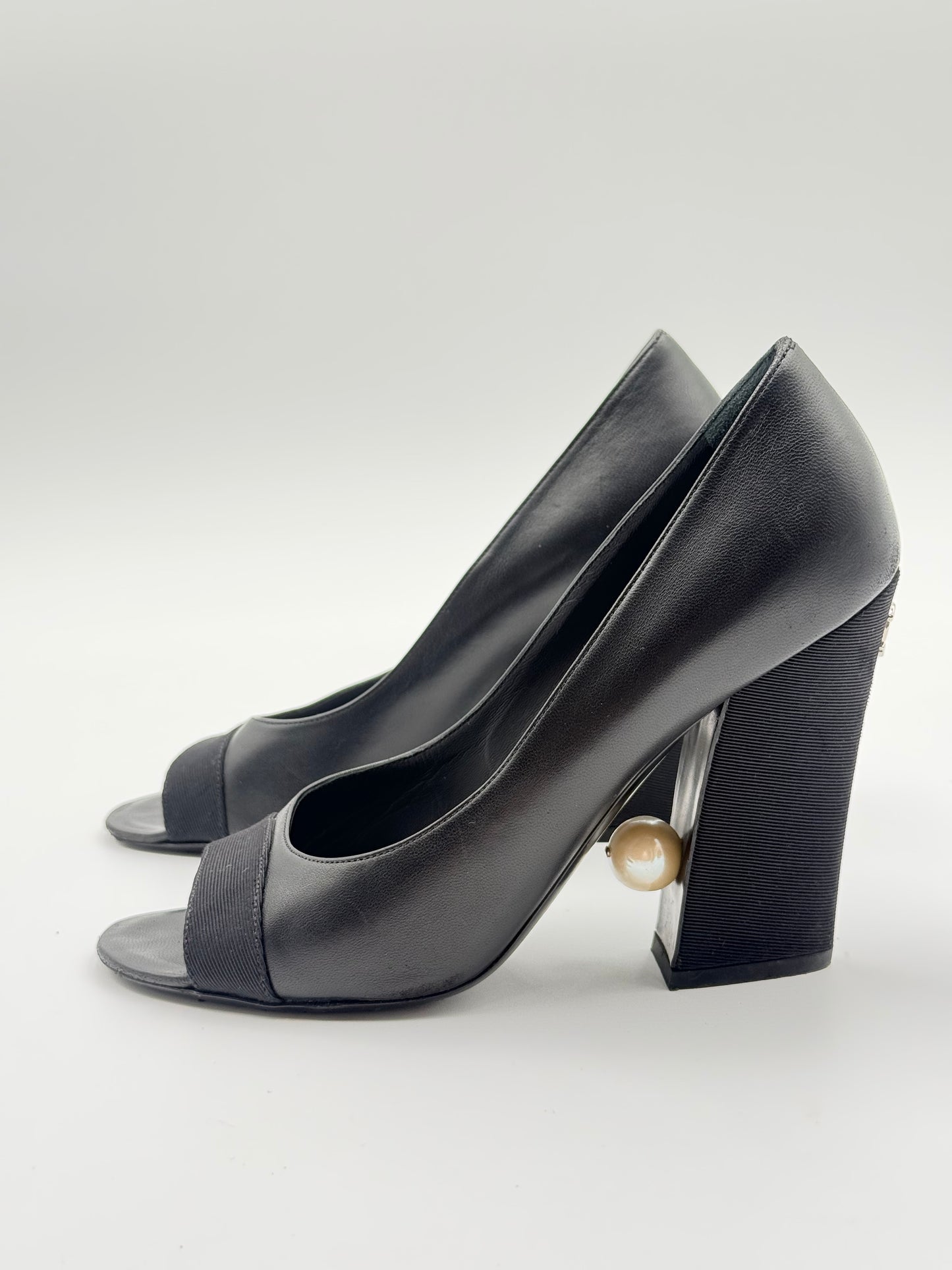 Chanel Pearl Peep-Toe Black Leather Pump Size 38