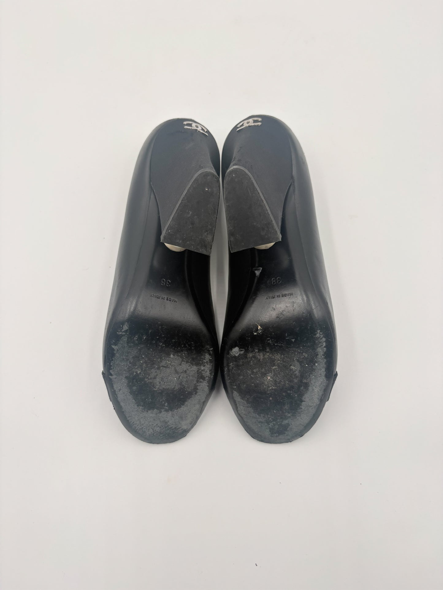 Chanel Pearl Peep-Toe Black Leather Pump Size 38