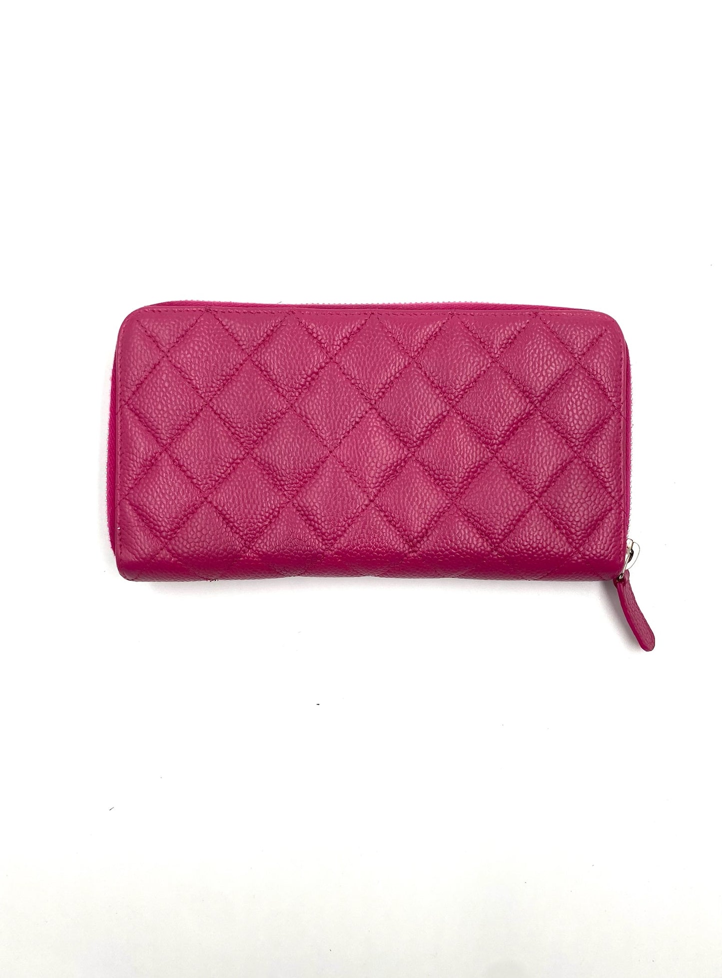 Chanel Pink Long Caviar Zip Wallet with quilted texture and silver hardware.