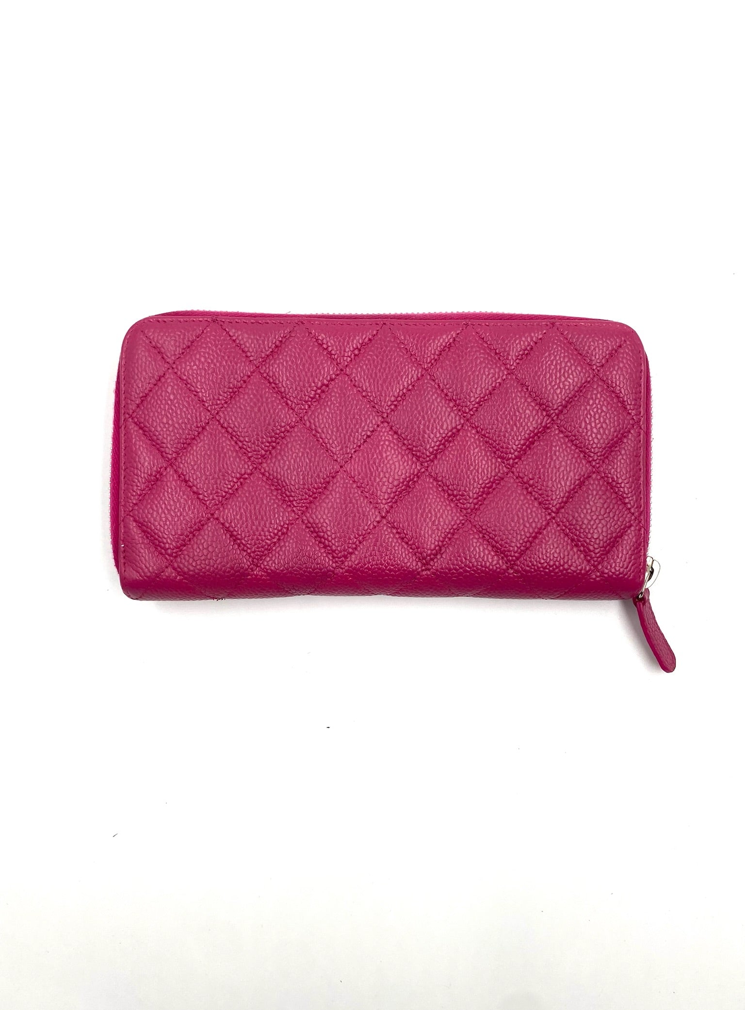 Chanel Pink Long Caviar Zip Wallet with quilted texture and silver hardware.