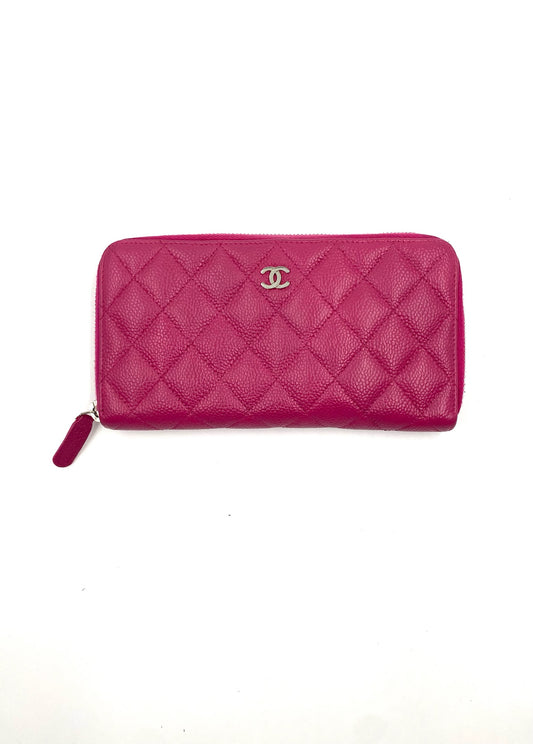 Chanel Pink Long Caviar Zip Wallet with quilted texture and silver CC logo.