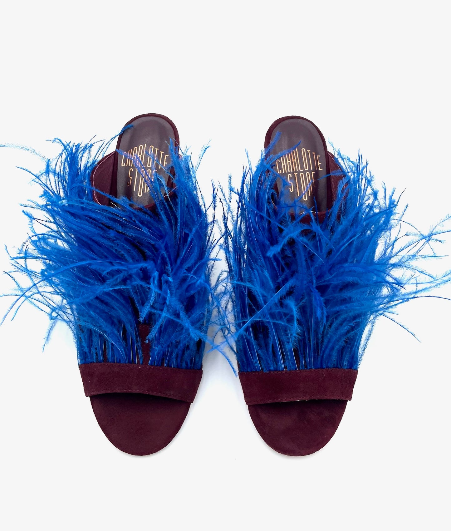 Charlotte Stone Fara Blue & Burgundy Feathered Mule Size 8