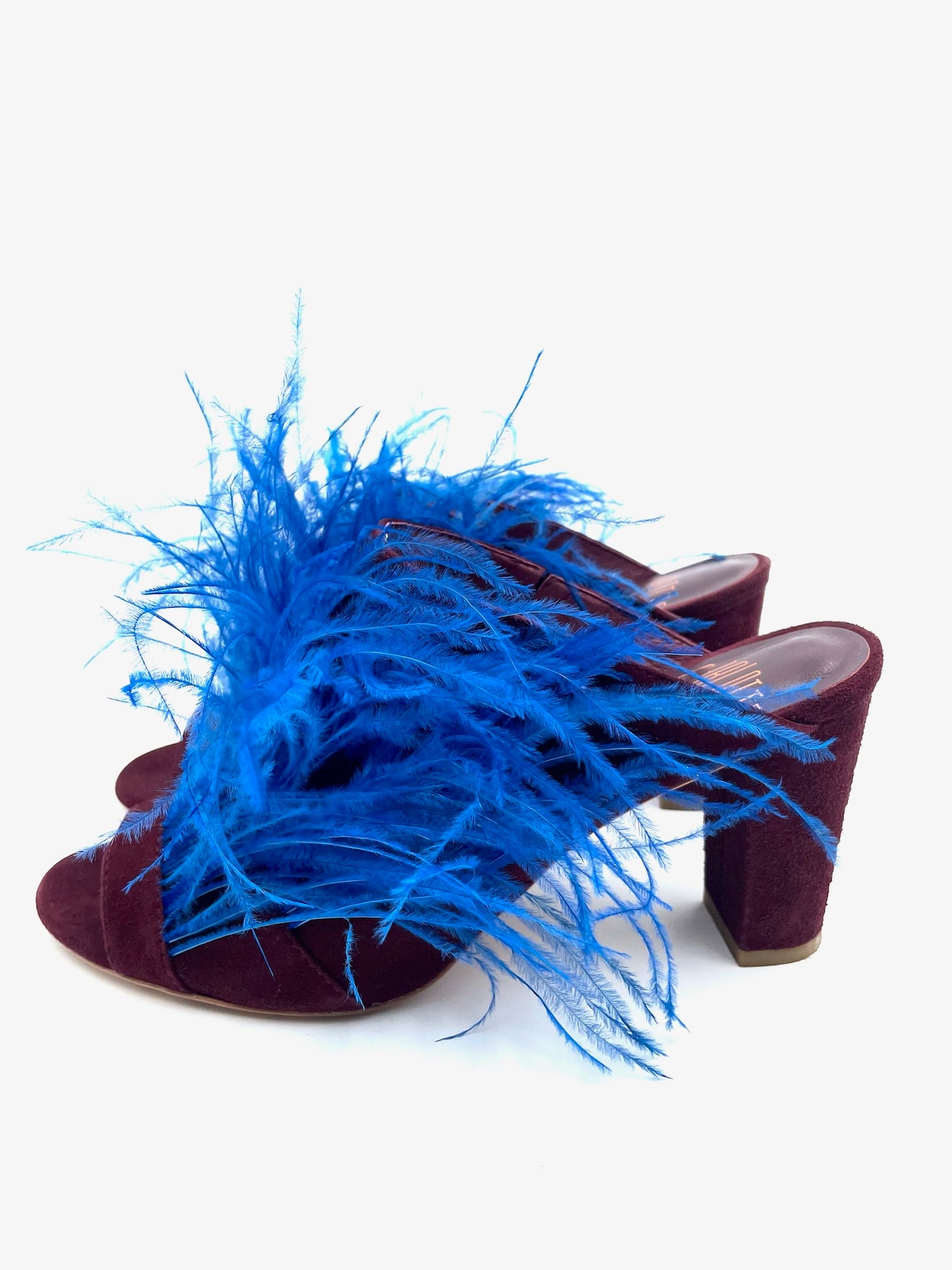 Charlotte Stone Fara Blue & Burgundy Feathered Mule Size 8