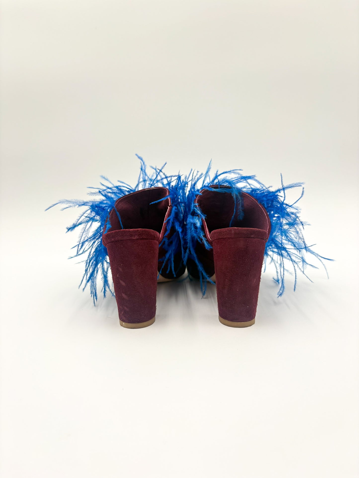 Charlotte Stone Fara Blue & Burgundy Feathered Mule Size 8