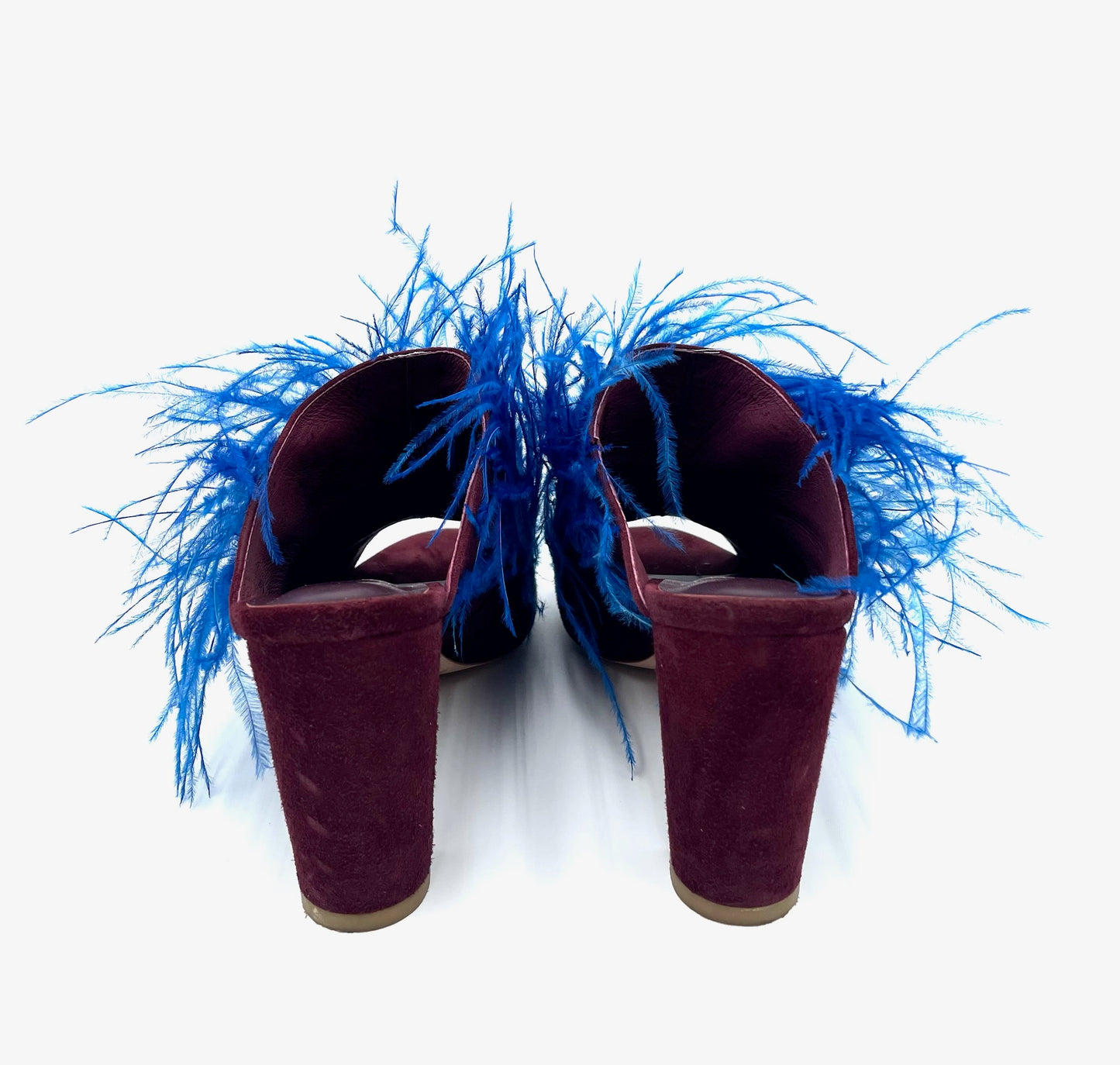 Charlotte Stone Fara Blue & Burgundy Feathered Mule Size 8