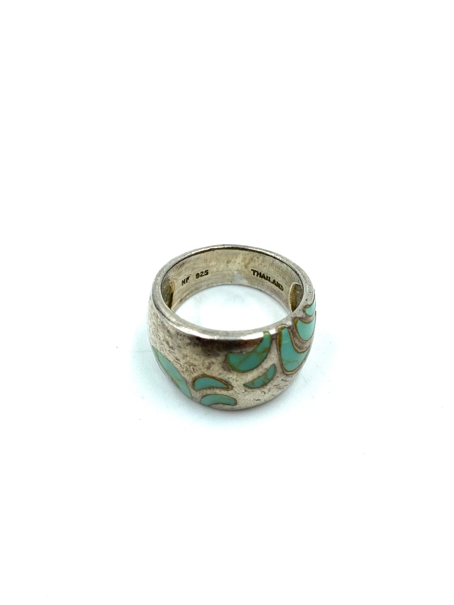 Chunky sterling silver ring with inlaid turquoise abstract pattern, size 6.5.