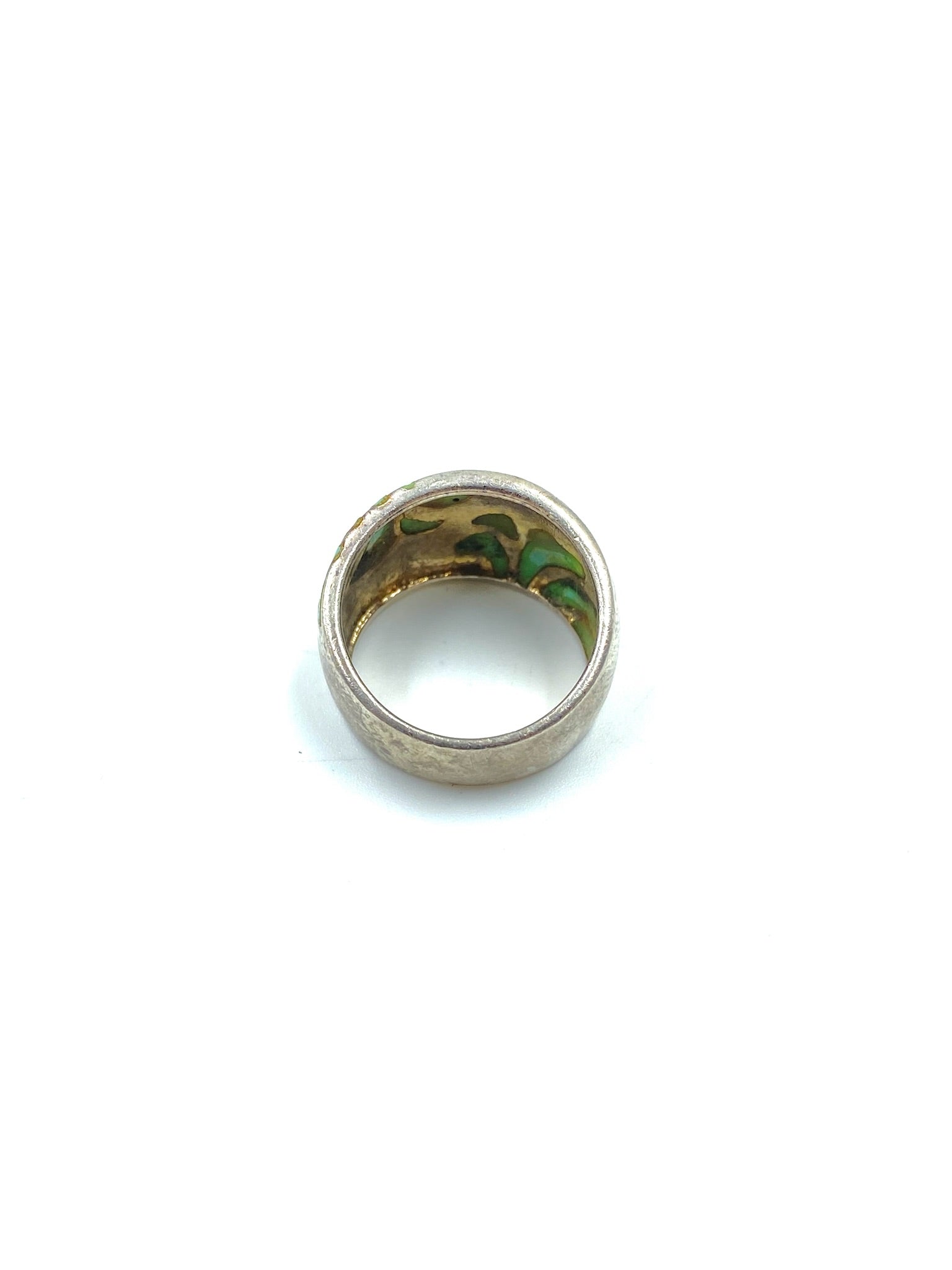 Chunky turquoise and sterling silver ring, size 6.5, with green accents inside the band.