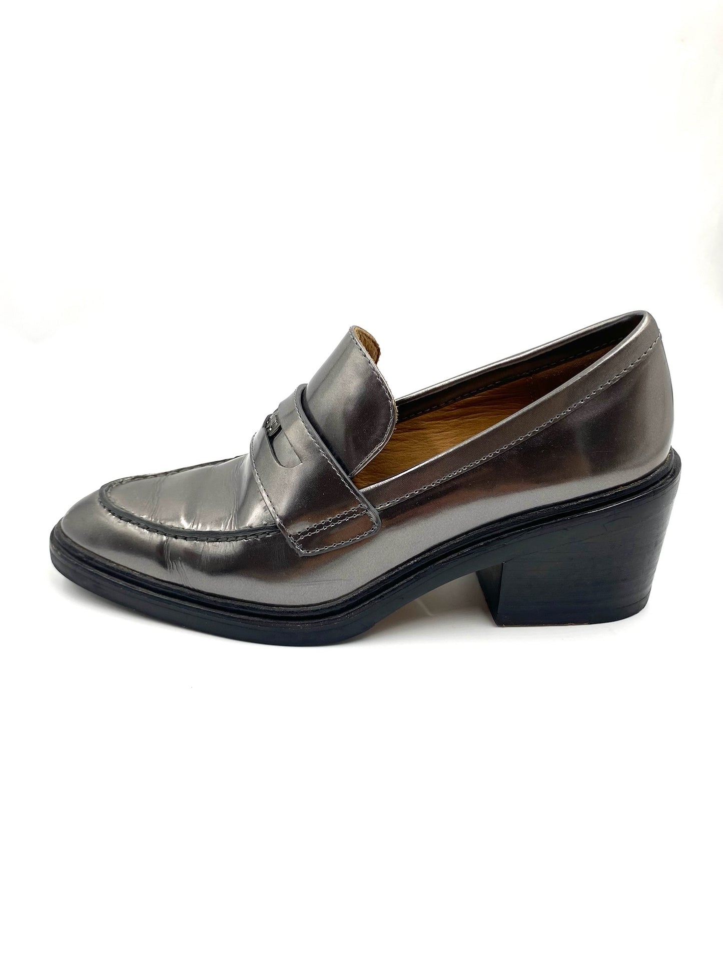 Coach Grey Metallic Loafers, size 8, with a classic penny loafer design and block heel.