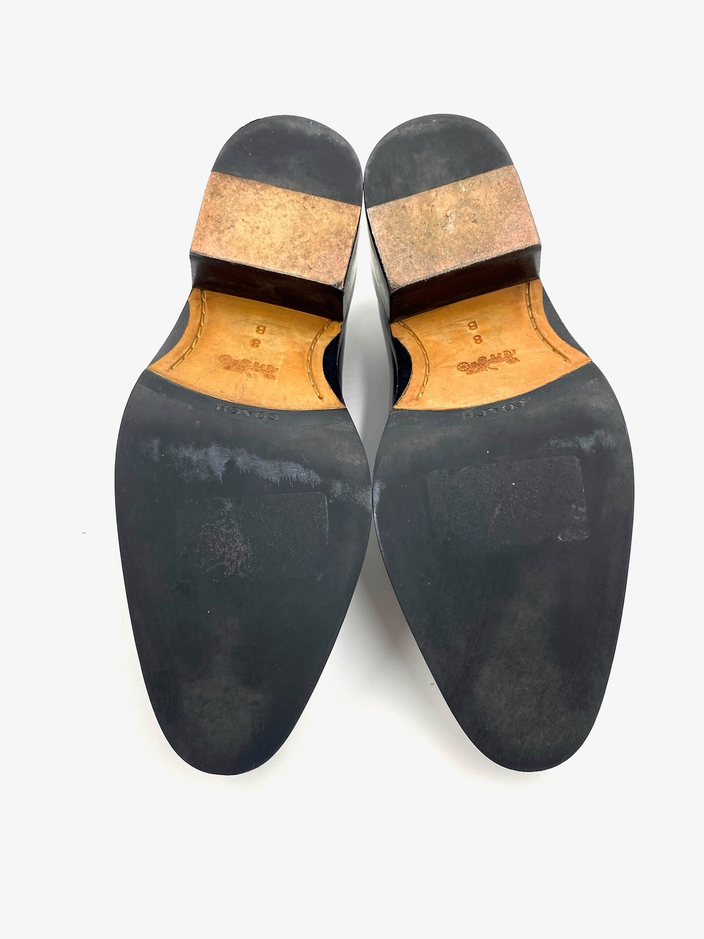Bottom view of Coach Grey Metallic Loafers, size 8, showing black soles and tan heels with wear.
