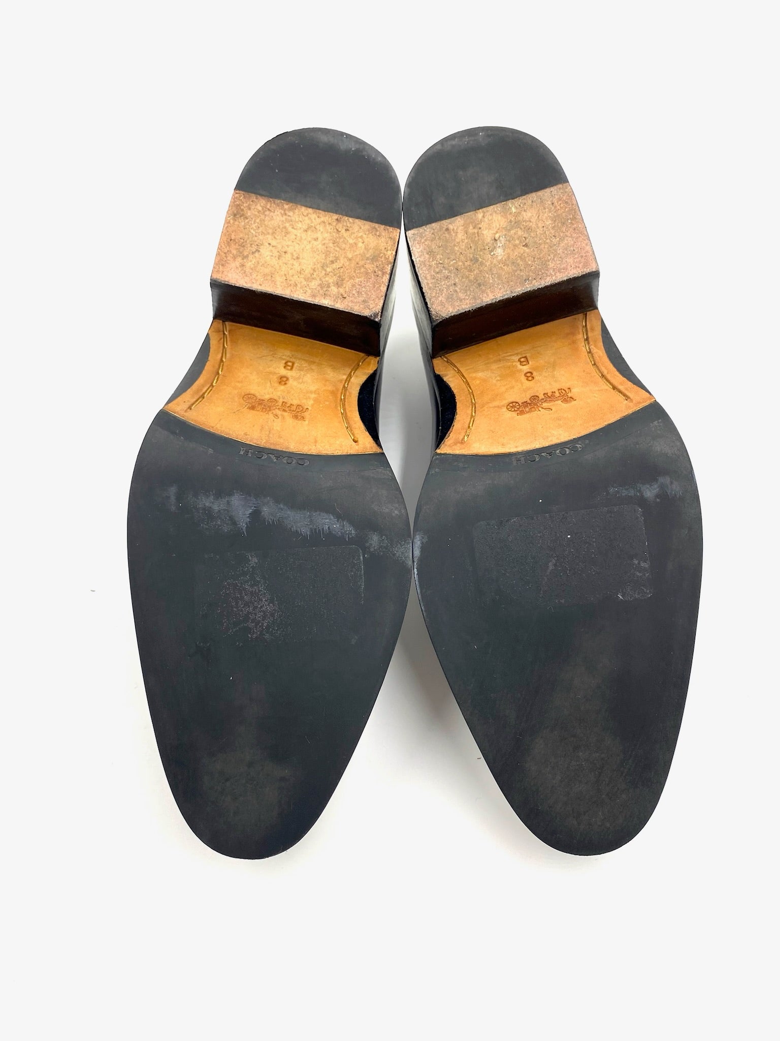 Bottom view of Coach Grey Metallic Loafers, size 8, showing black soles and tan heels with wear.