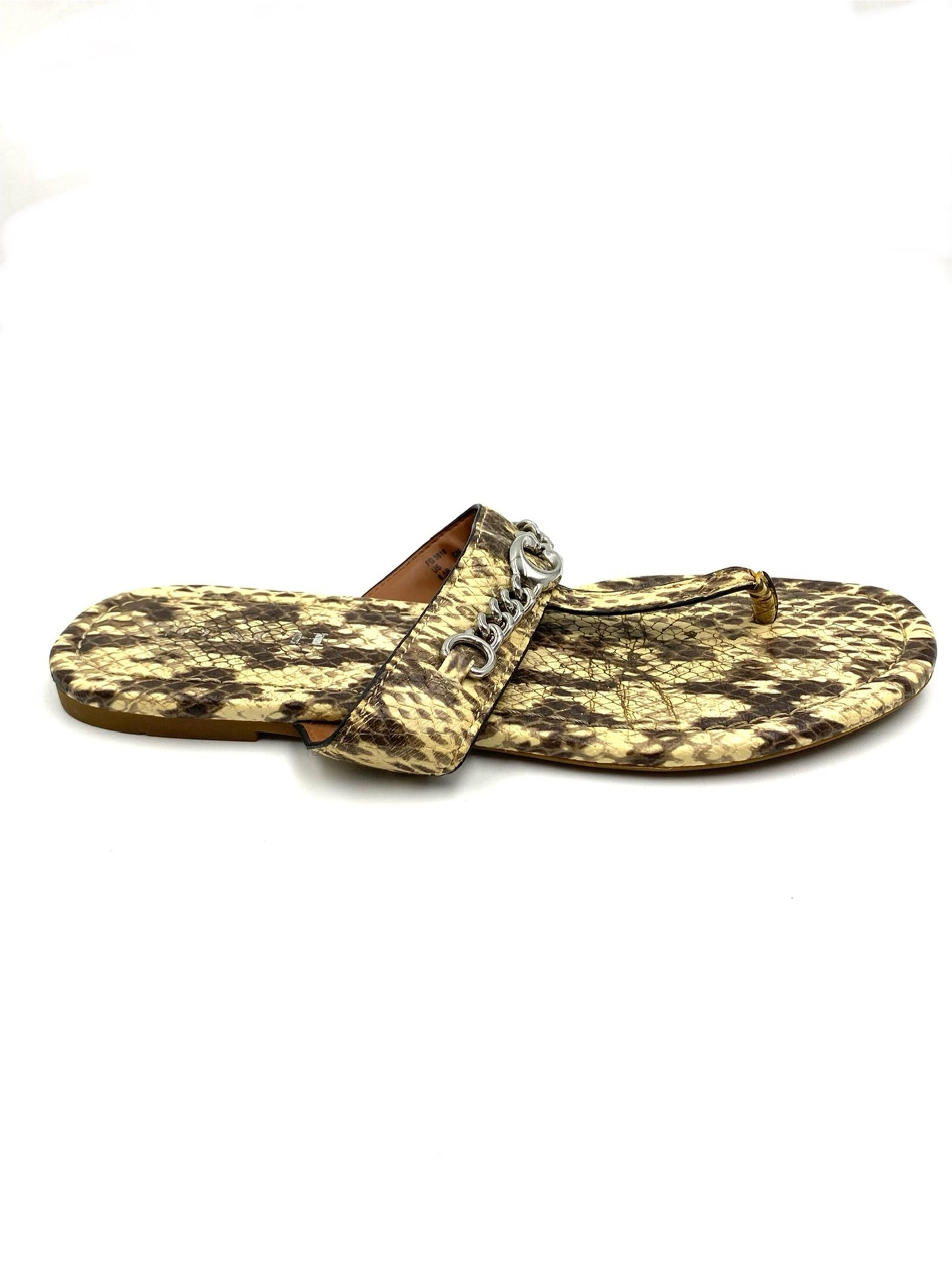 Coach snakeskin leather thong flat sandals, size 8.5, with silver-tone chain detail.