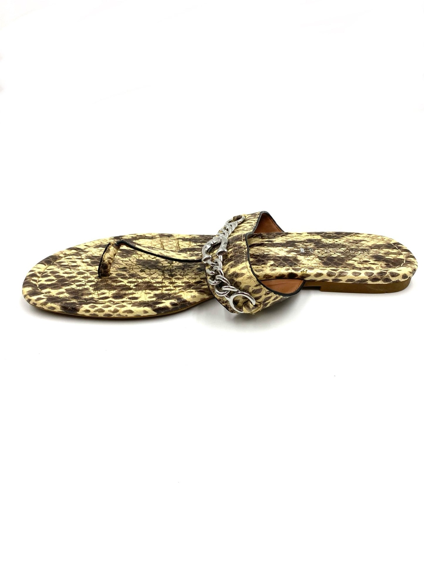 Coach snakeskin leather thong flat sandals, size 8.5, with silver chain detail.