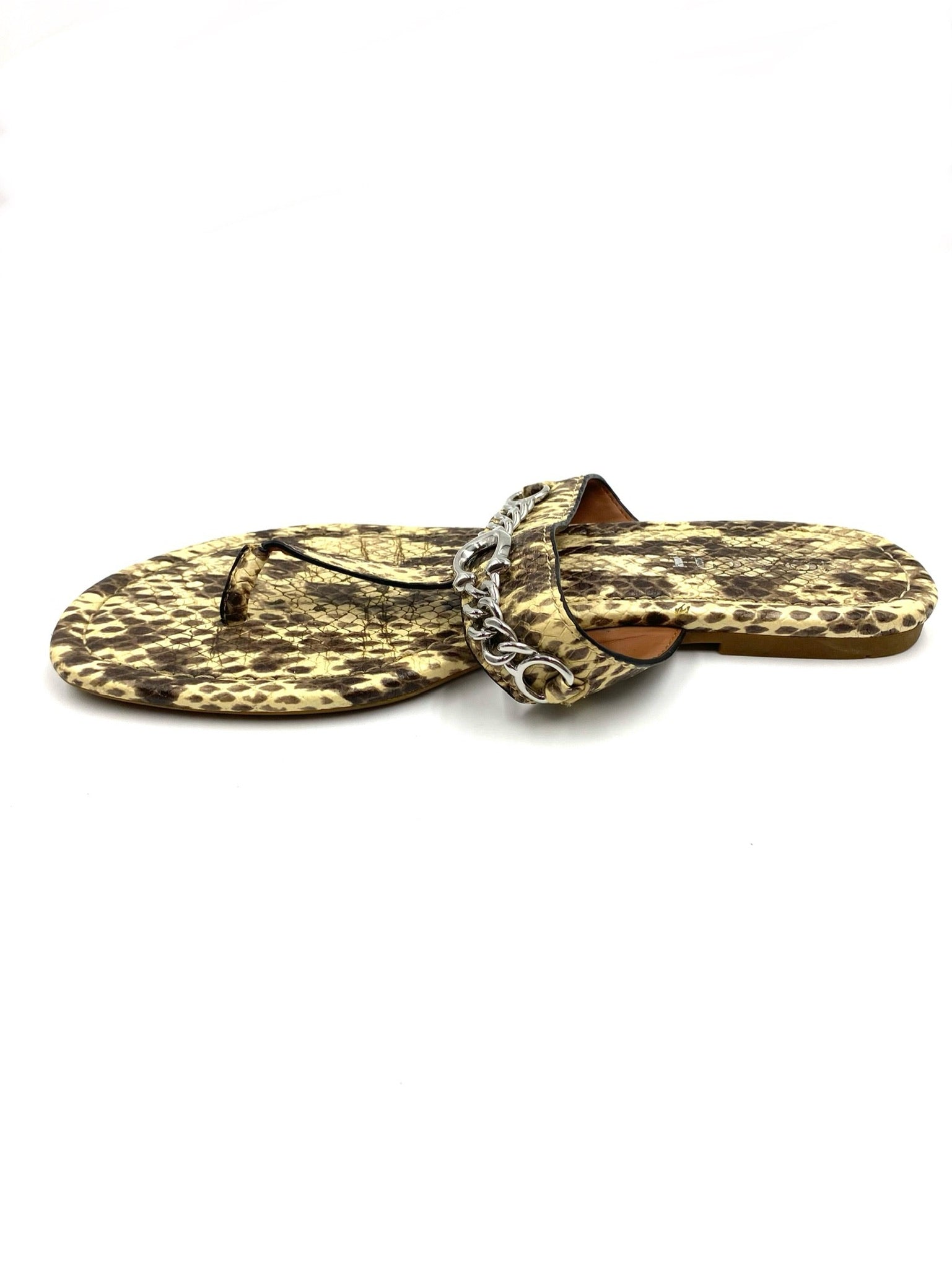 Coach snakeskin leather thong flat sandals, size 8.5, with silver chain detail.