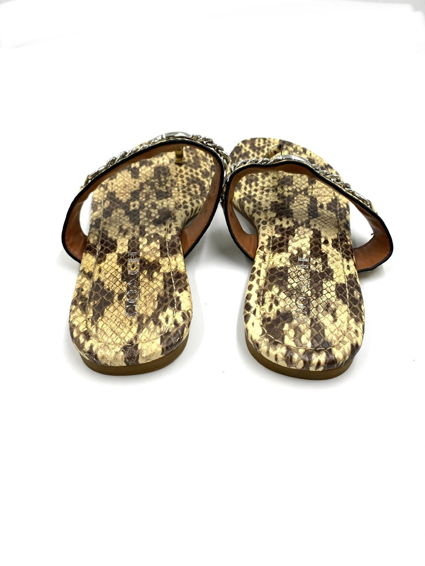 Coach snakeskin leather thong flat sandals, size 8.5, with chain detail on straps.
