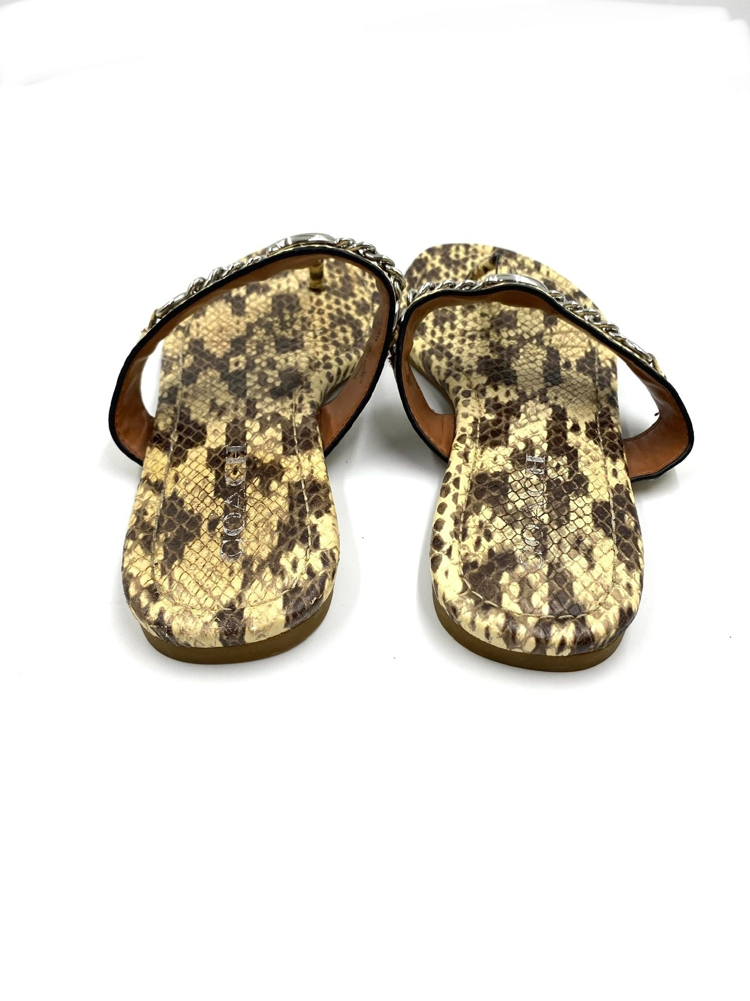 Coach snakeskin leather thong flat sandals, size 8.5, with chain detail on straps.
