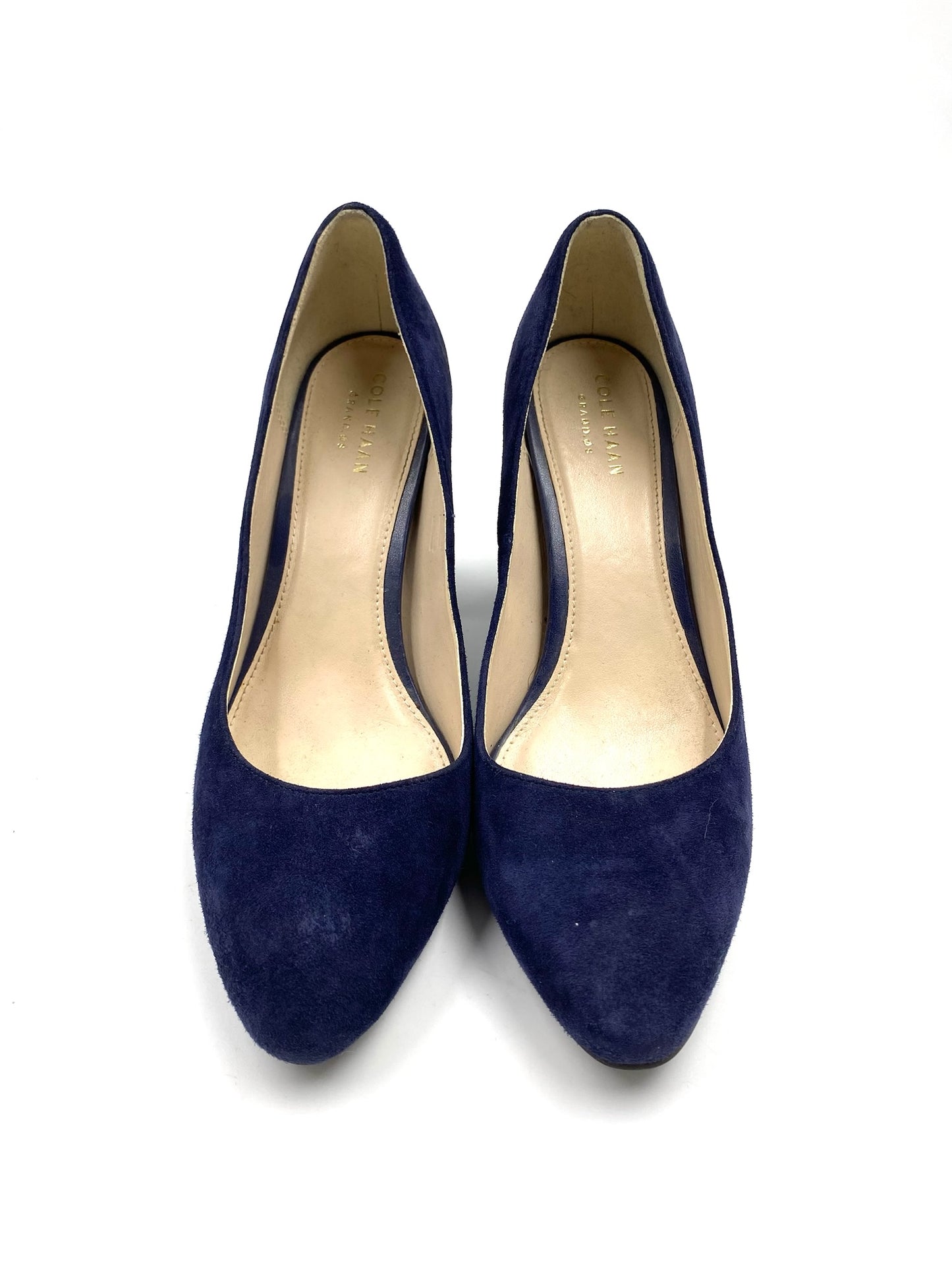 Cole Haan blue suede block heel pumps, size 7B, with round toes.
