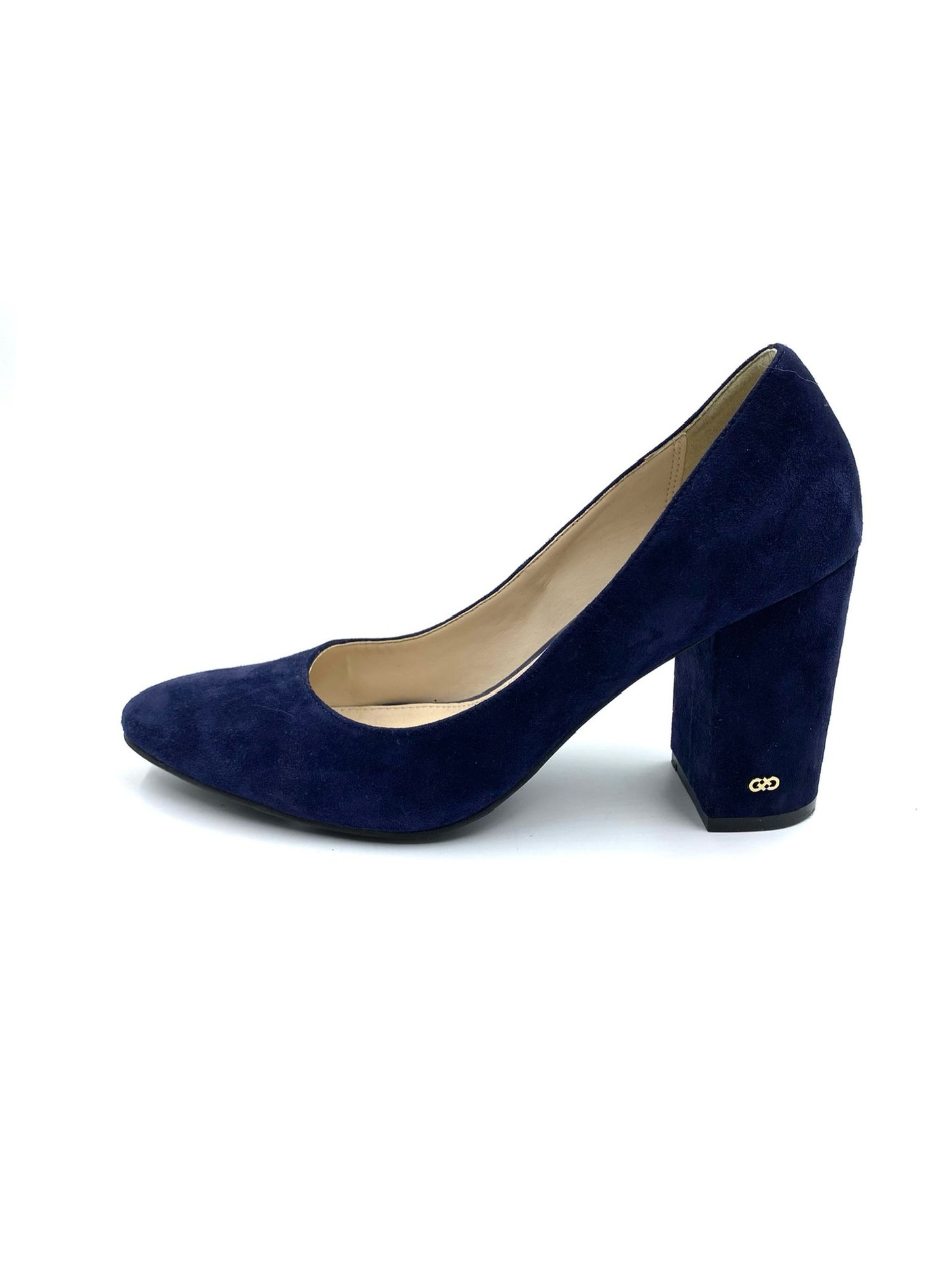 Cole Haan blue suede block heel pumps, size 7B, with a round toe and gold "CH" logo on the heel.