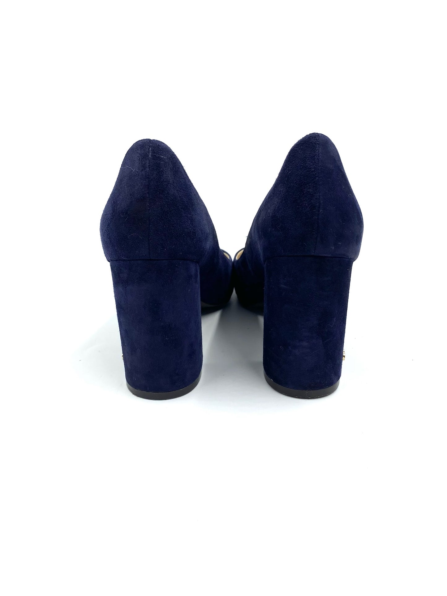 Cole Haan blue suede block heel pumps, size 7B, with 3.5” block heels and round toes.