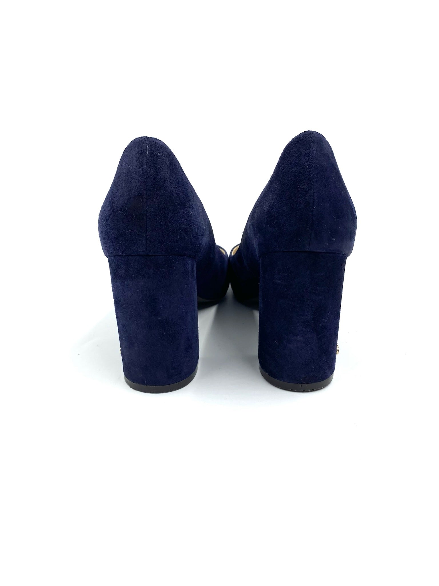 Cole Haan blue suede block heel pumps, size 7B, with 3.5” block heels and round toes.