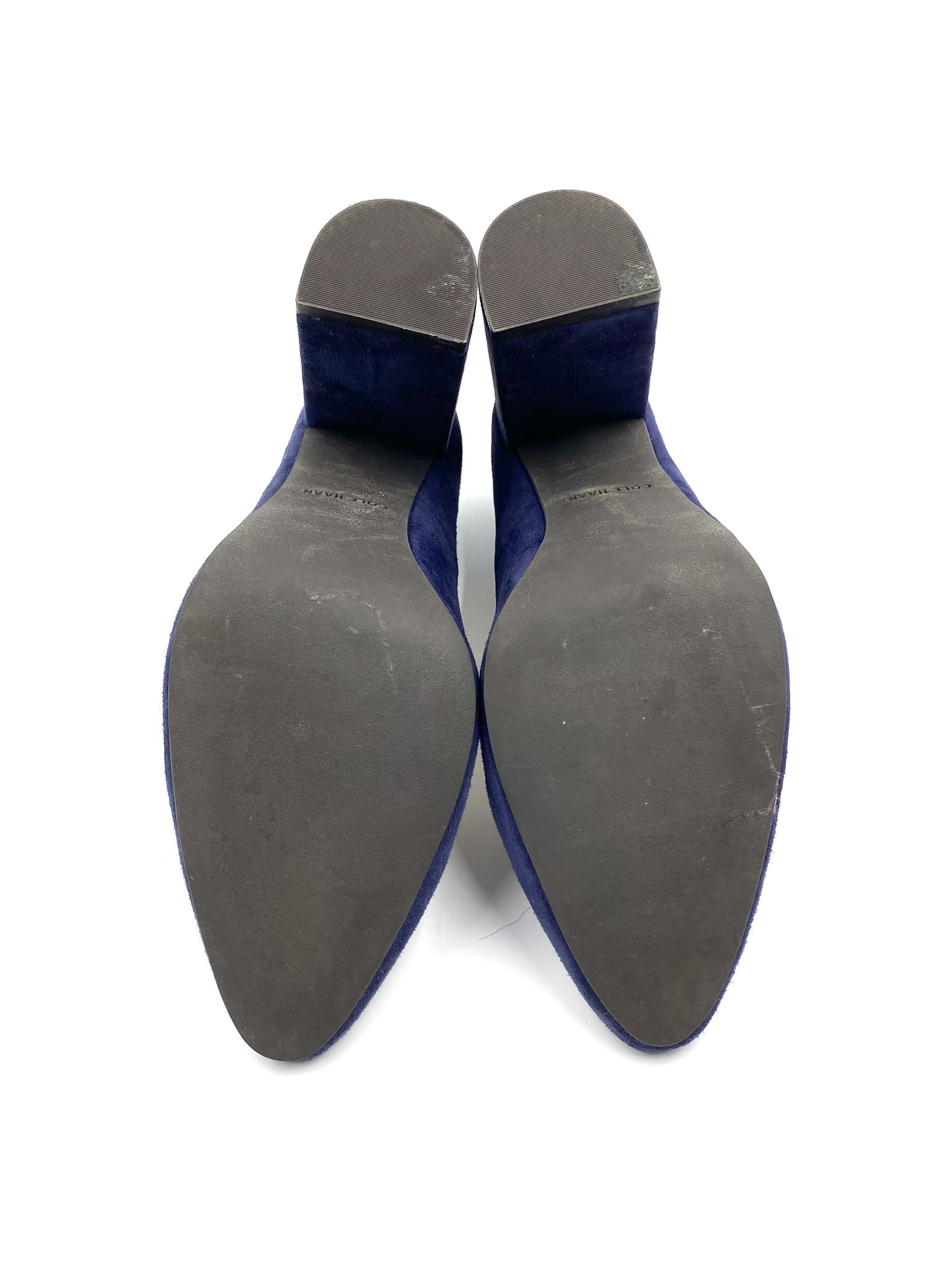 Cole Haan blue suede block heel pumps, size 7B, showing the soles and 3.5” block heels.