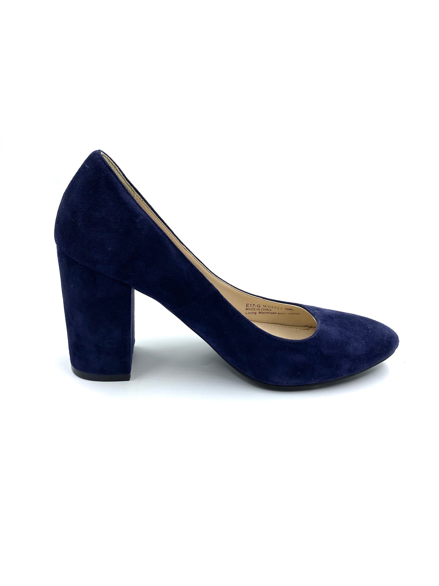 Cole Haan blue suede block heel pump, size 7B, with a round toe and 3.5" block heel.