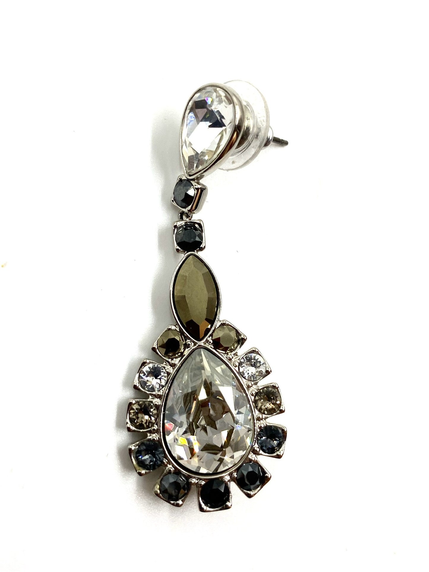 Silver-tone drop earring with clear cubic zirconia and dark onyx stones, 2" long.