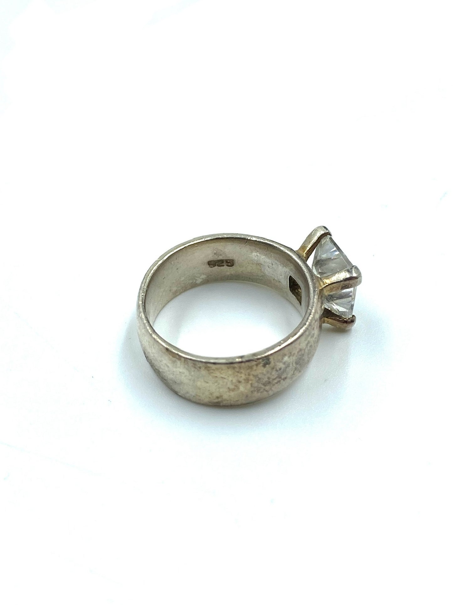 Sterling silver ring with a large, clear cubic zirconia stone, size 6.75.