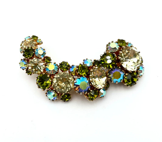 Vintage Austrian-Style Rhinestone Brooch – Green & AB Crystal