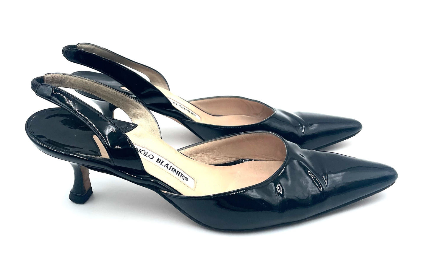 Manolo Blahnik Carolyn Black Patent Slingback Heels Size 38