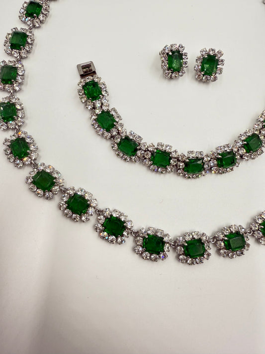 Rare Vintage 1973 Christian Dior Emerald Green & Glass Stone Necklace, Bracelet & Earring Set ( Collectible Piece)