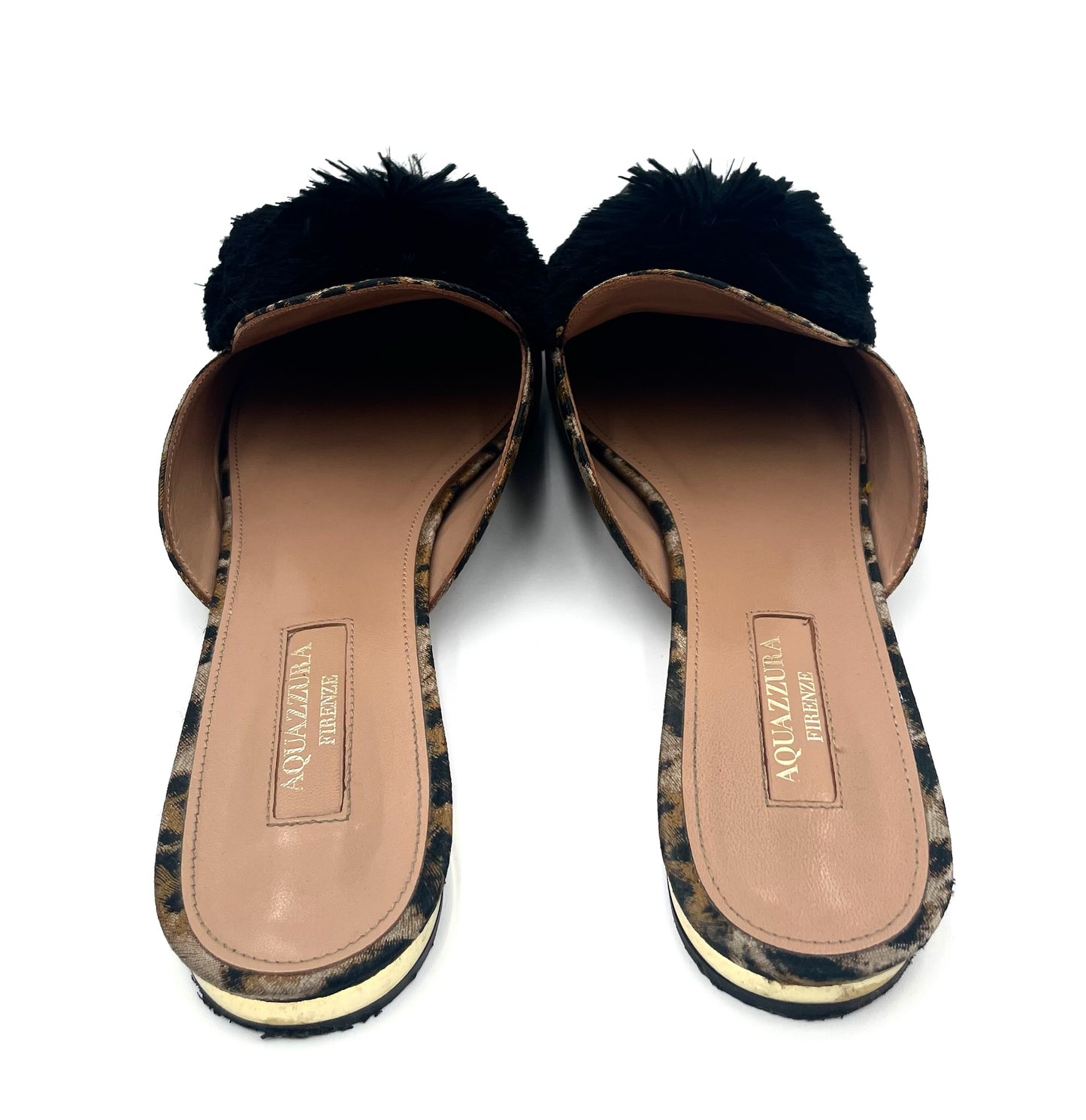 Aquazzura Pom Pom Leopard Print Slides Size 38