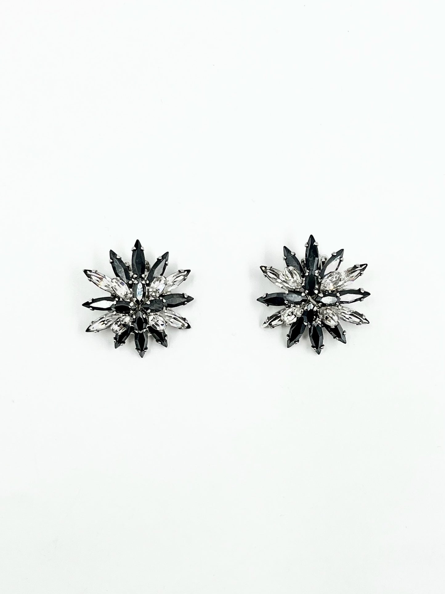 Vintage 1950s Sherman Black & Clear Marquise Swarovski Crystal Brooch & Clip Earrings Set