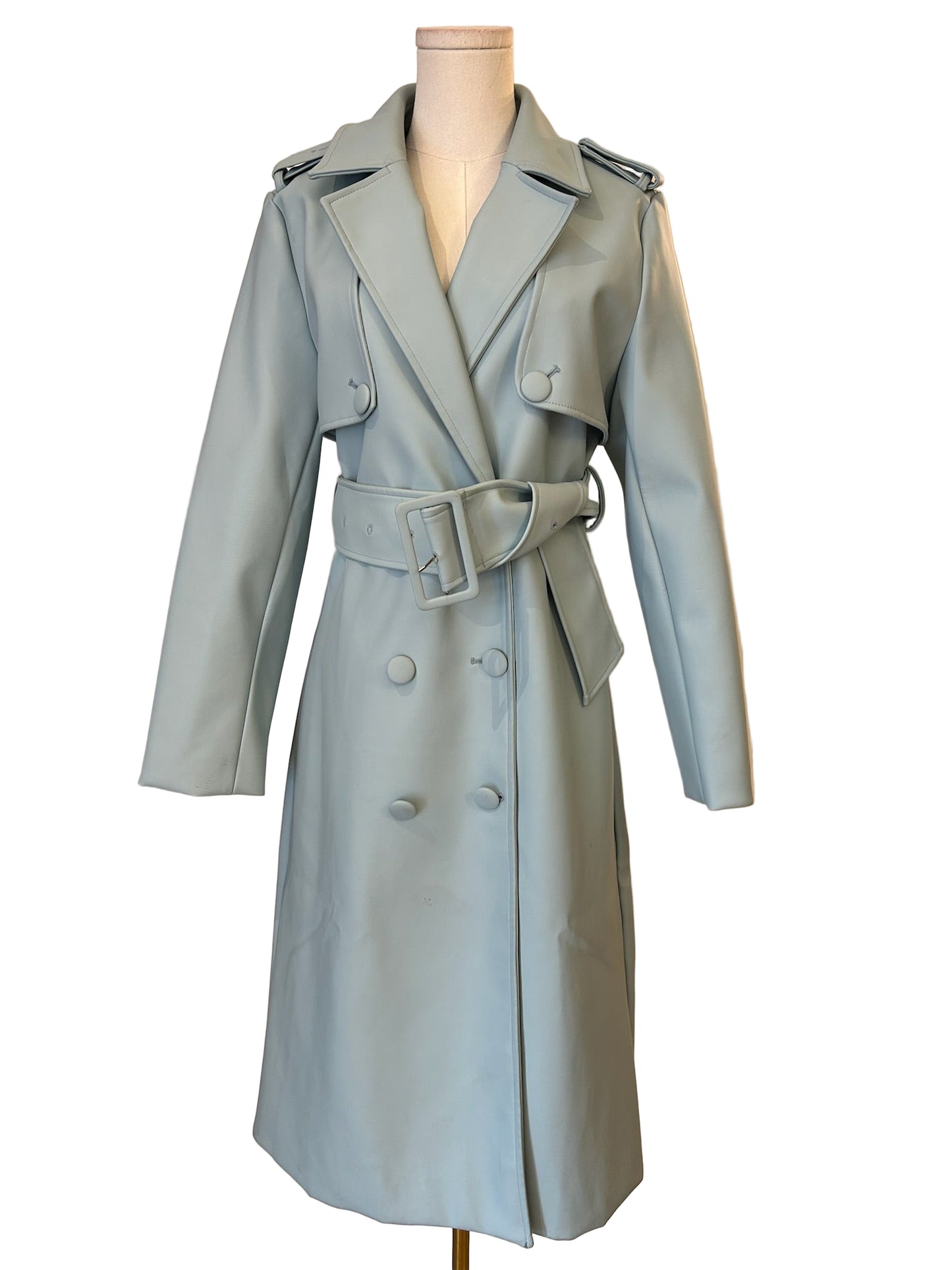 Hilary McMillan Light Blue Belted Faux Leather Trench Coat Size S