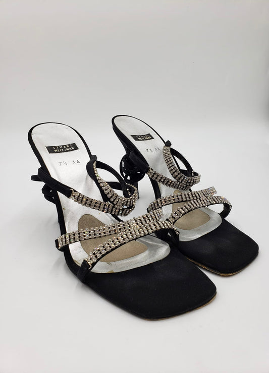 Stuart Weitzmann Black Crystal Wrap Around Heels size 7.5