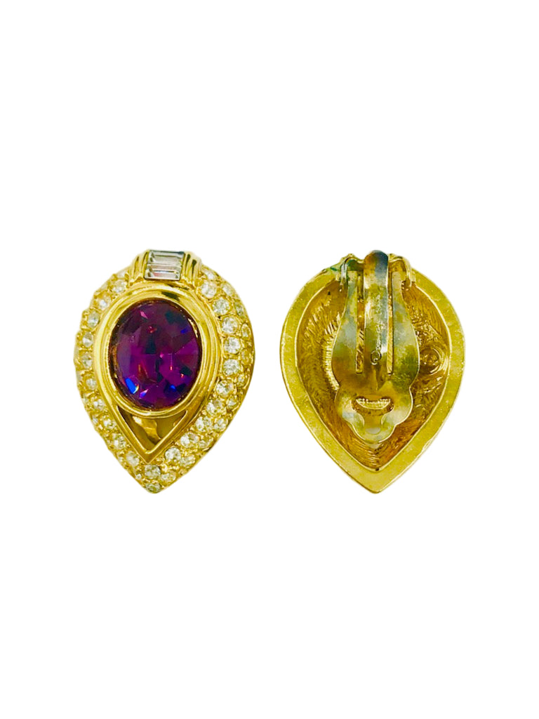 Oscar De La Renta Gold Plated Amethyst Tear Drop Clip Earrings