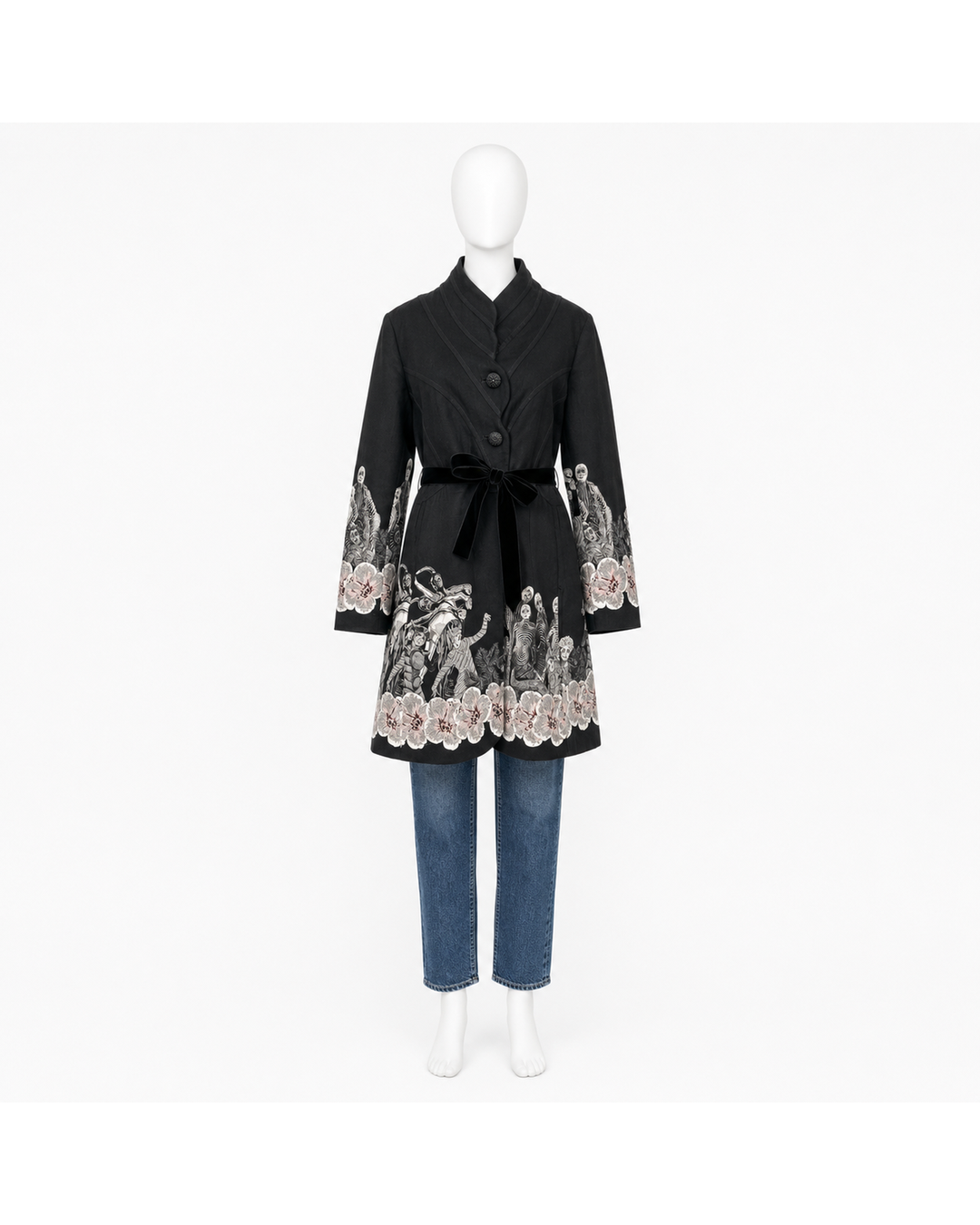Desigual black coat with skeleton and floral embroidery, shawl collar, and velvet waist tie, size XXL.