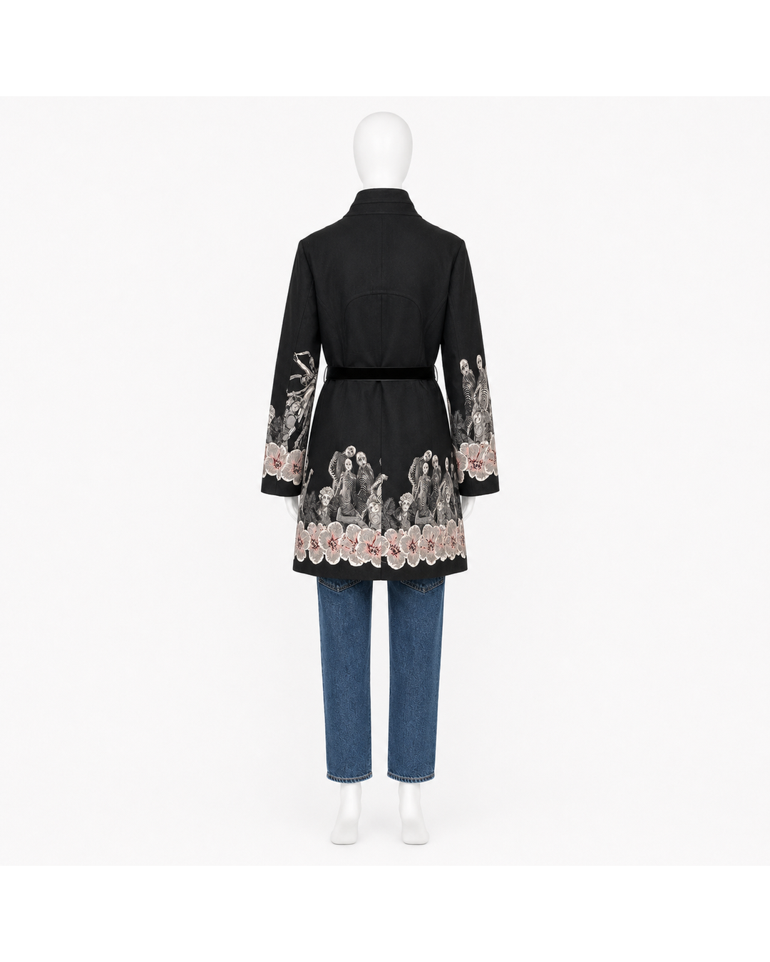 Desigual black belted coat featuring skeleton and floral embroidery on the hem and sleeves, size XXL.