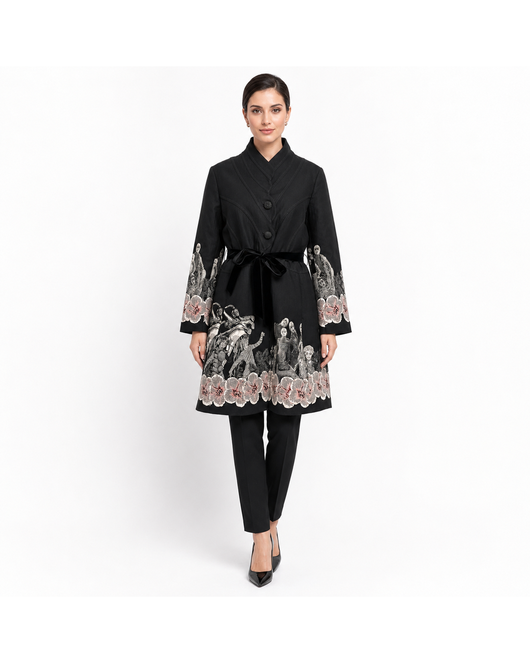 Desigual black coat with skeleton and floral embroidery, shawl collar, and velvet waist tie, size XXL.