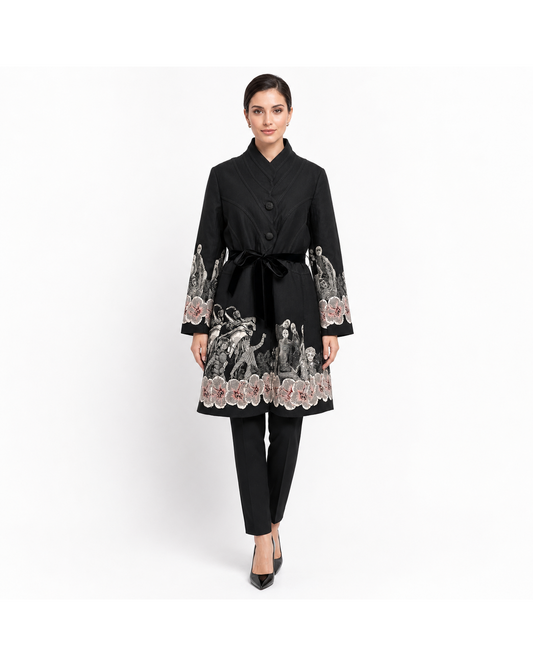Desigual black coat with skeleton and floral embroidery, shawl collar, and velvet waist tie, size XXL.