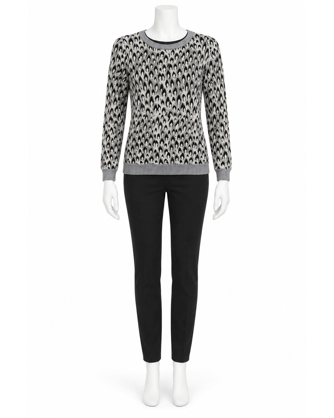 Diane Von Furstenberg metallic grey leopard print wool-blend knit sweater, size S, on a mannequin.